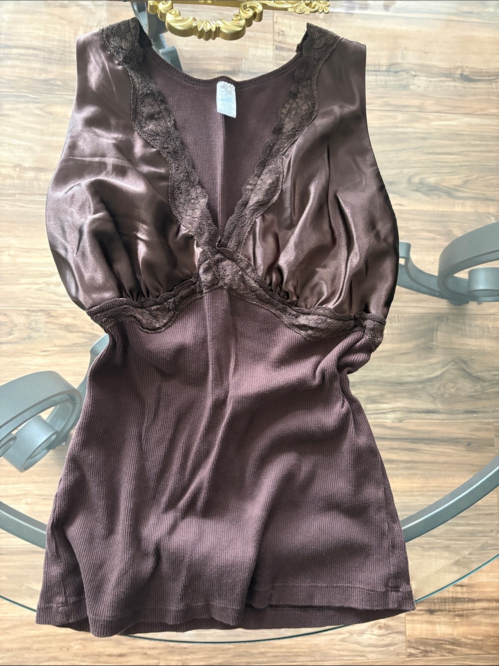Women’s Lace-Trim Satin & Knit Cami — Brown